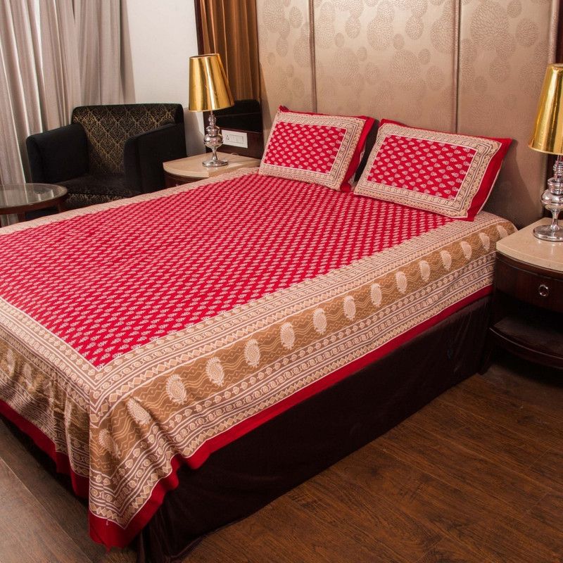 Rawal Fashions 144 TC Cotton Double Printed Flat Bedsheet  (Pack of 1, Red, Brown)