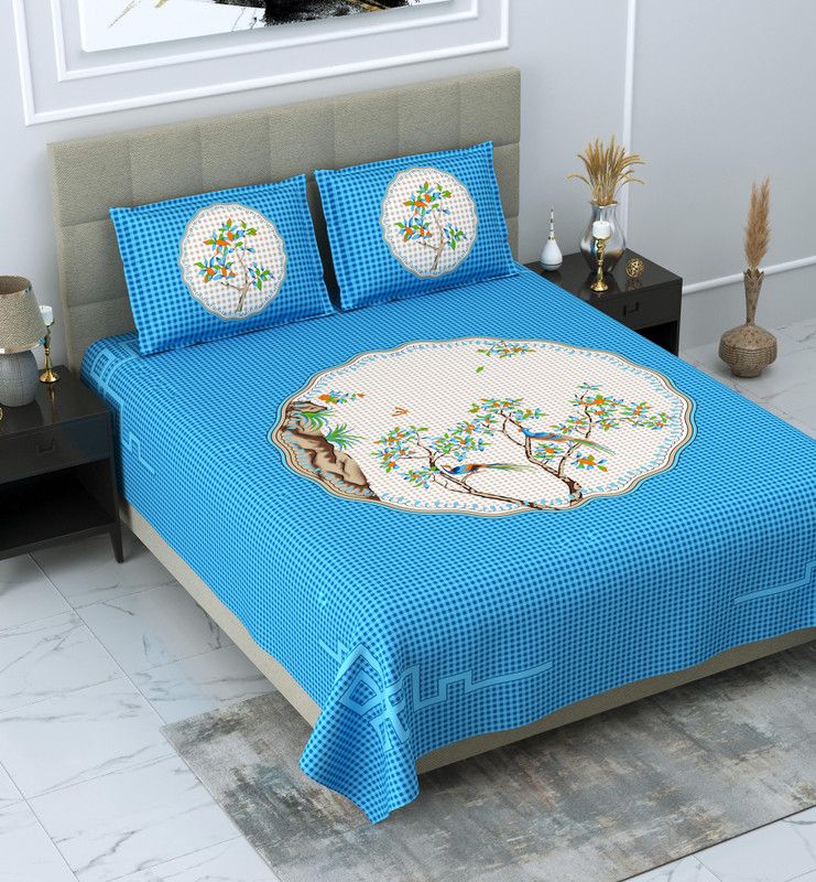 METRO LIVING 200 TC Cotton Double Floral Flat Bedsheet  (Pack of 1, Blue, Off White)