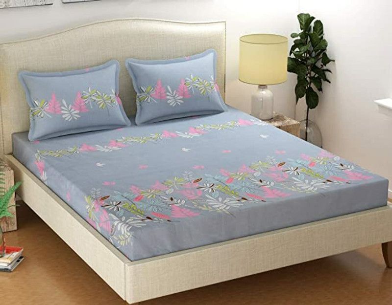 NTNWorld 260 TC Cotton King Geometric Flat Bedsheet  (Pack of 1, Marino -Lavender &Pink Flower)