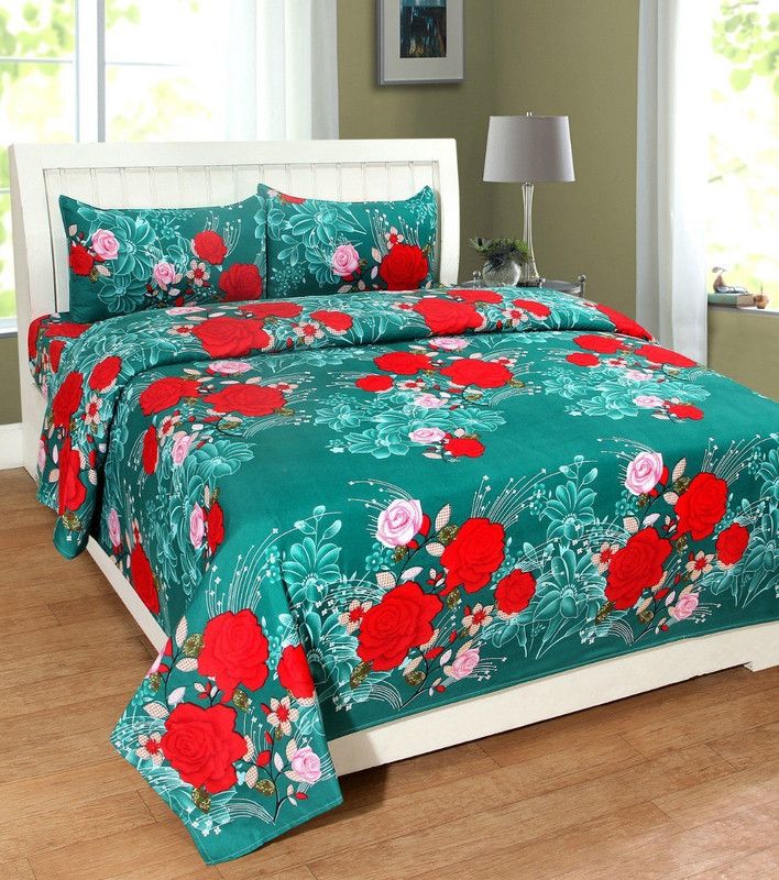 PRODUCTSCK 155 TC Polycotton Double Printed Flat Bedsheet  (Pack of 1, Red, Green)