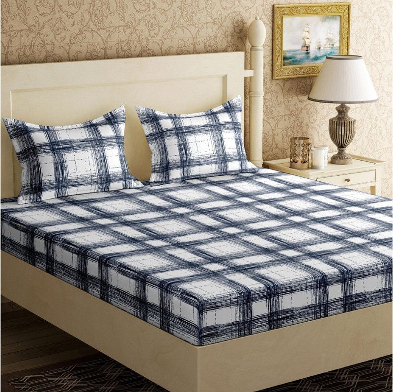 POSA 144 TC Cotton Double Checkered Flat Bedsheet  (Pack of 1, Blue)