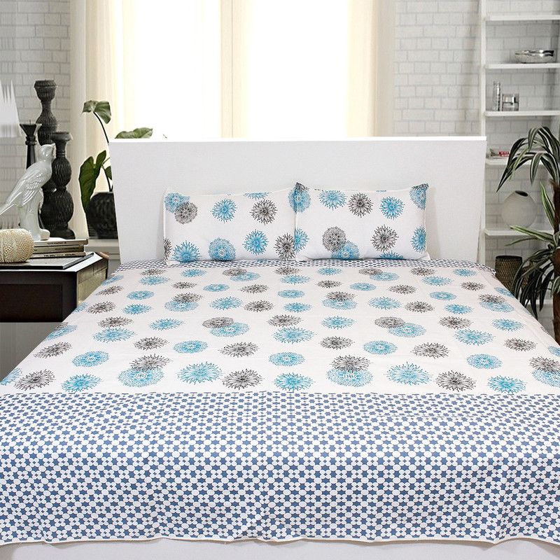 Cazimo 250 TC Cotton Double Printed Flat Bedsheet  (Pack of 1, Blue:Black)