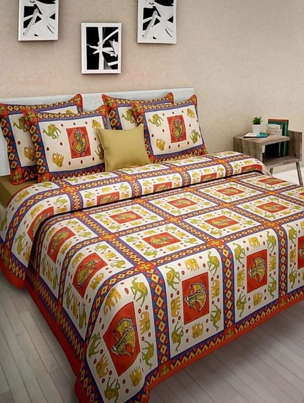RAJDEVI JAIPUR PRINTS 228 TC Cotton King Motifs Flat Bedsheet  (Pack of 1, Orange)