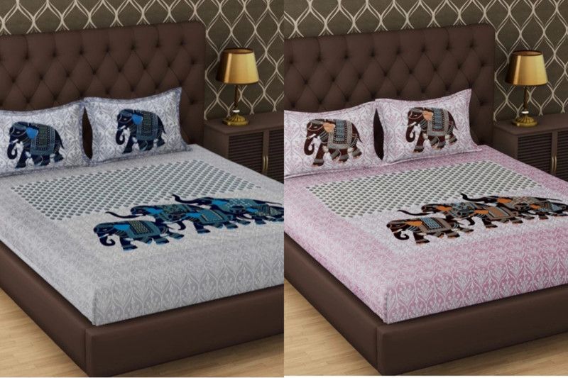 VIKANJALI FAB 104 TC Cotton Double Printed Flat Bedsheet  (Pack of 2, Blue, Pink)