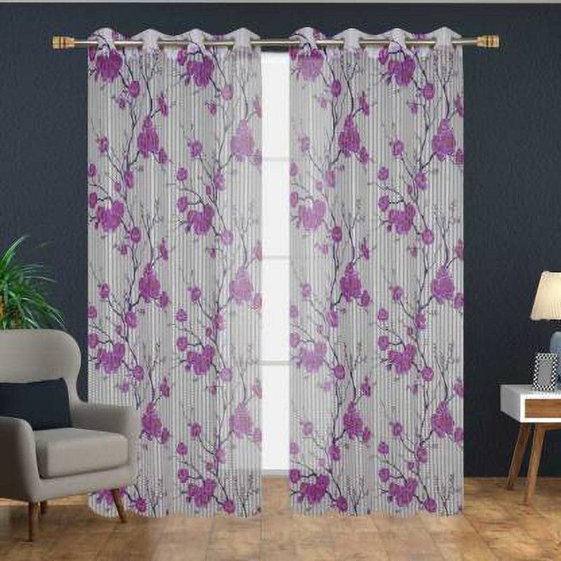Shree Jain Makeovers 213 cm (7 ft) Net, Tissue Semi Transparent Door Curtain (Pack Of 2)  (Floral, Purple, White)