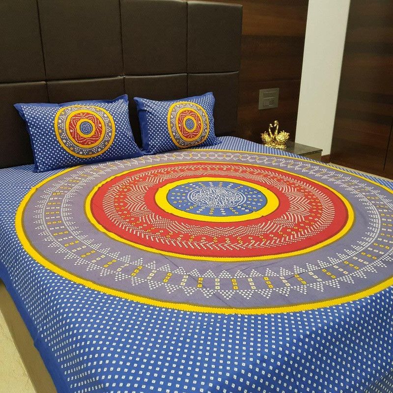 MEHARARTS 150 TC Cotton Double Printed Flat Bedsheet  (Pack of 1, Blue)