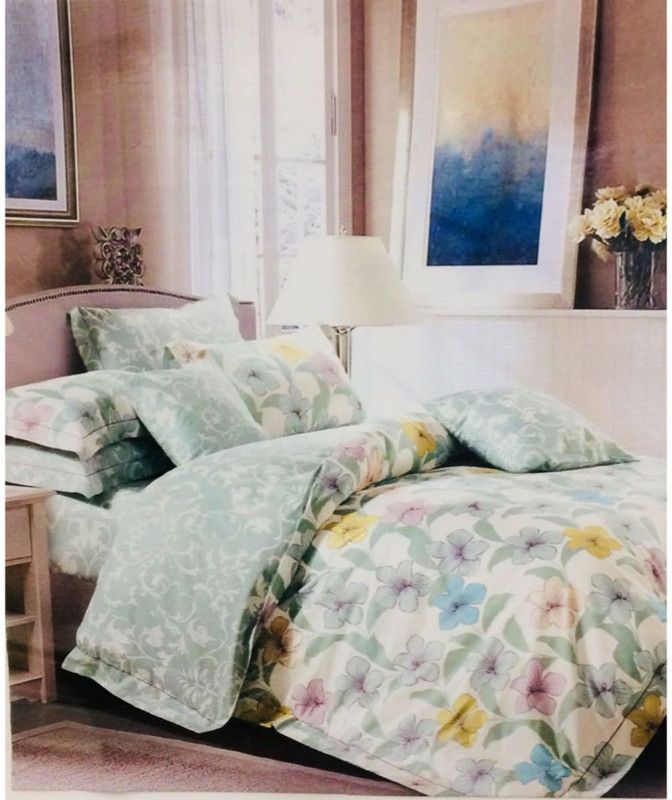 Nanki's 300 TC Cotton King Floral Flat Bedsheet  (Pack of 1, Green)