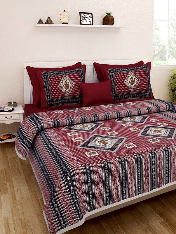 Kausumbha Collection 200 TC Cotton Double Printed Flat Bedsheet  (Pack of 1, Maroon)