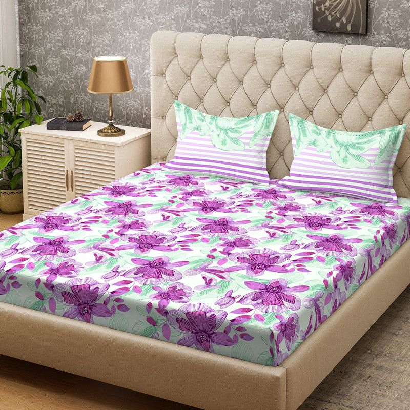 Bombay Dyeing 104 TC Cotton Double Floral Flat Bedsheet  (Pack of 1, Magneta)