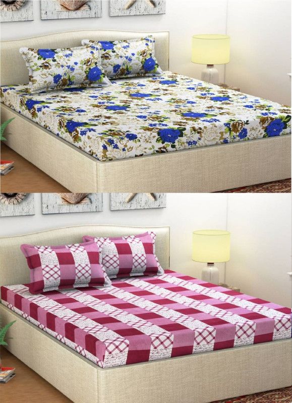 ZirconHomes 120 TC Microfiber Double 3D Printed Flat Bedsheet  (Pack of 2, Blue, Maroon)