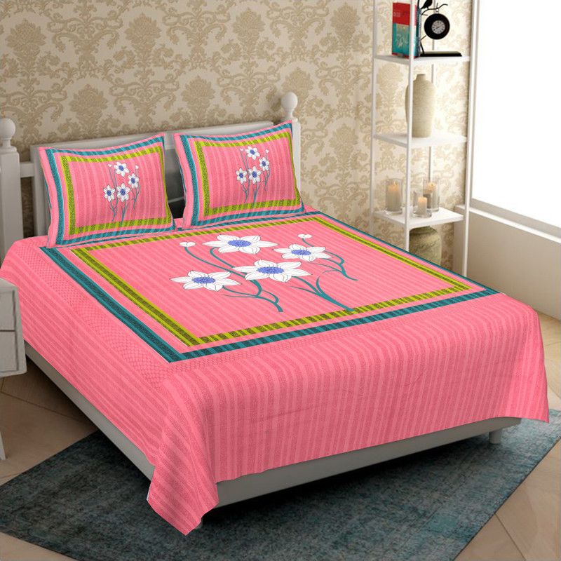 KIN KIN 140 TC Cotton Double Printed Flat Bedsheet  (Pack of 1, Pink)