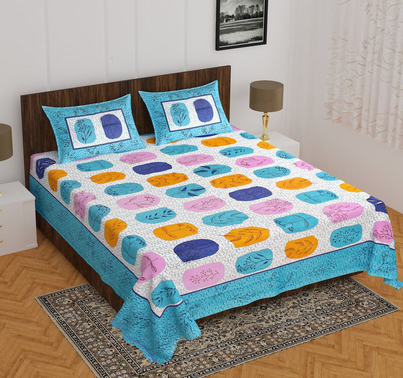 RAJDEVI JAIPUR PRINTS 140 TC Cotton Double Printed Flat Bedsheet  (Pack of 1, Blue)