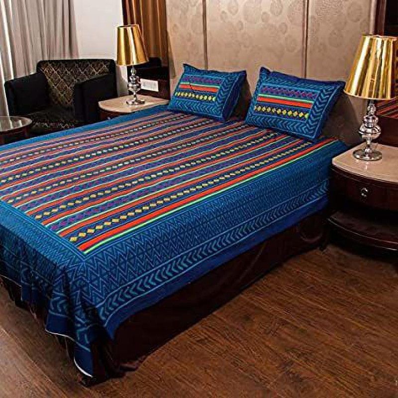 DHAKAD 144 TC Cotton Double Striped Flat Bedsheet  (Pack of 1, Blue)