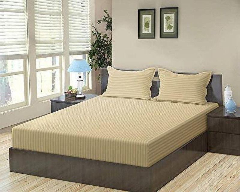 HOMYBEES 210 TC Cotton Double Striped Flat Bedsheet  (Pack of 1, Beige)