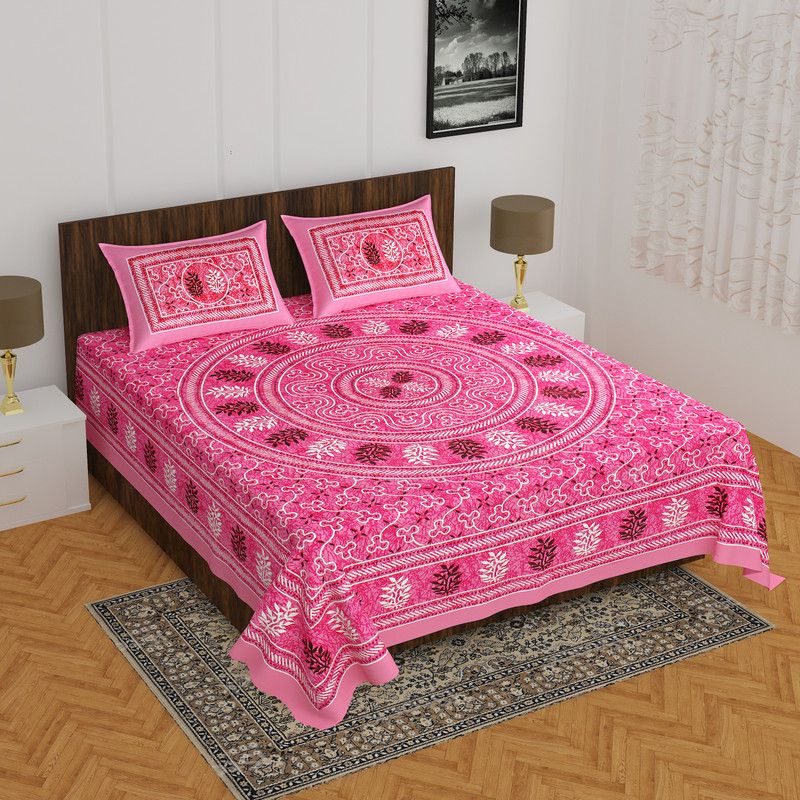 NAVAO 144 TC Cotton Double Printed Flat Bedsheet  (Pack of 1, Pink)