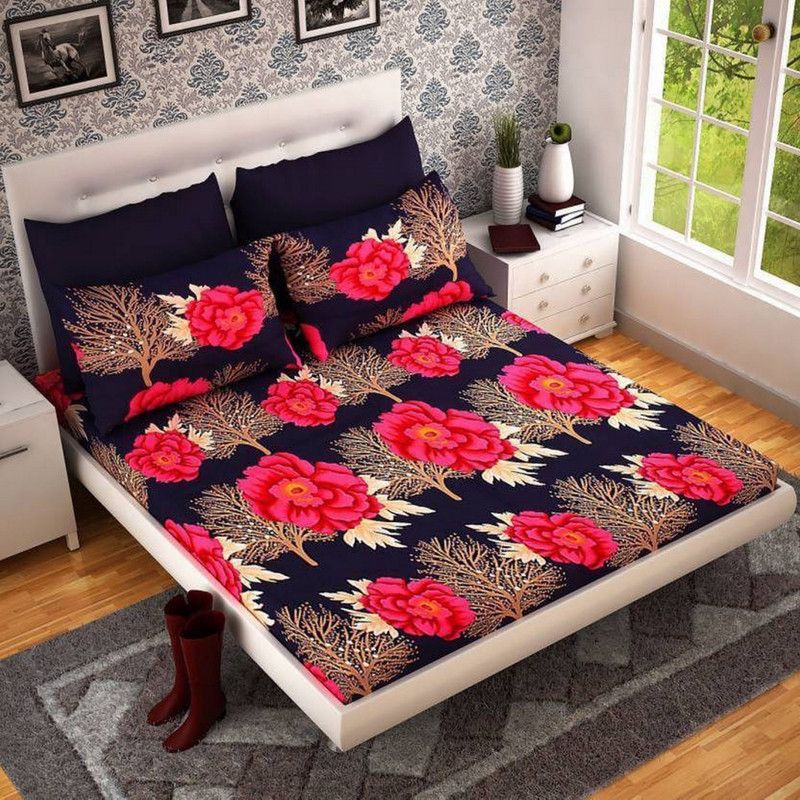 GURGOAN7STAR 144 TC Microfiber Double 3D Printed Flat Bedsheet  (Pack of 1, Blue)