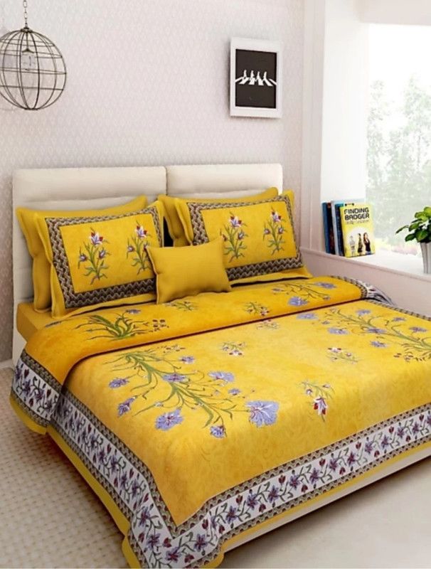 Jaipuriya Prints 144 TC Cotton Double Floral Flat Bedsheet  (Pack of 1, Yellow)