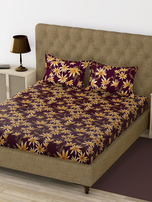 Bianca 192 TC Microfiber King Floral Flat Bedsheet  (Pack of 1, Maroon)
