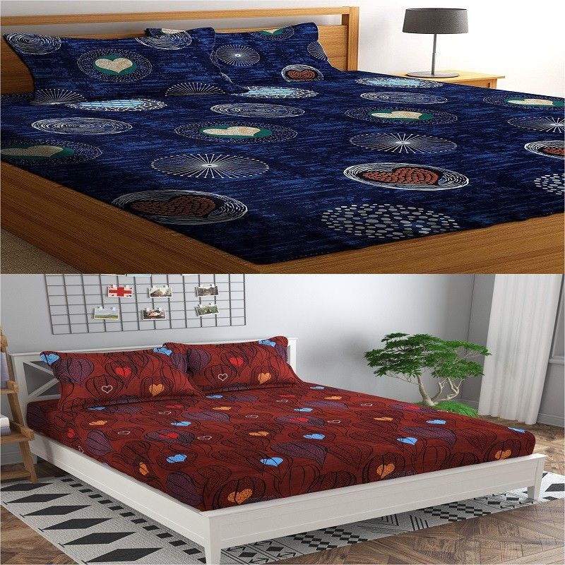 DIKSH 140 TC Polycotton Queen Solid Fitted (Elastic) Bedsheet  (Pack of 2, Multicolor)