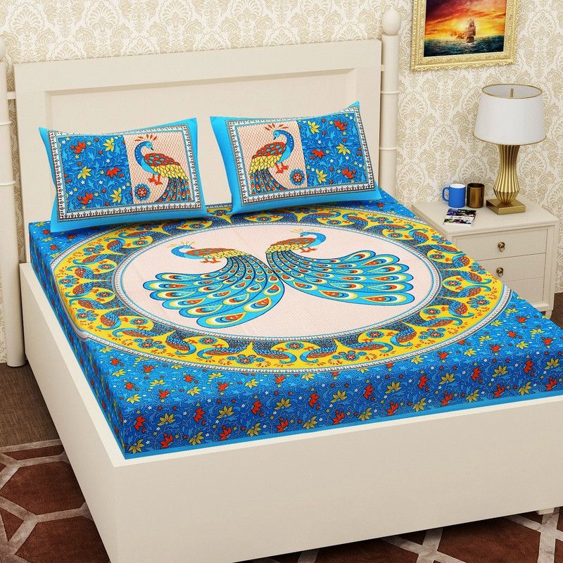 Shsquares 140 TC Cotton Double Jaipuri Prints Flat Bedsheet  (Pack of 1, Multicolor)
