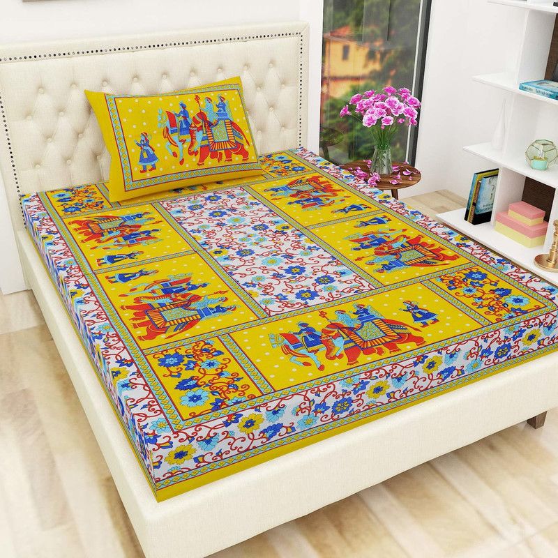 Suraaj Fashion 104 TC Cotton Single Printed Flat Bedsheet  (Pack of 1, Yellow)