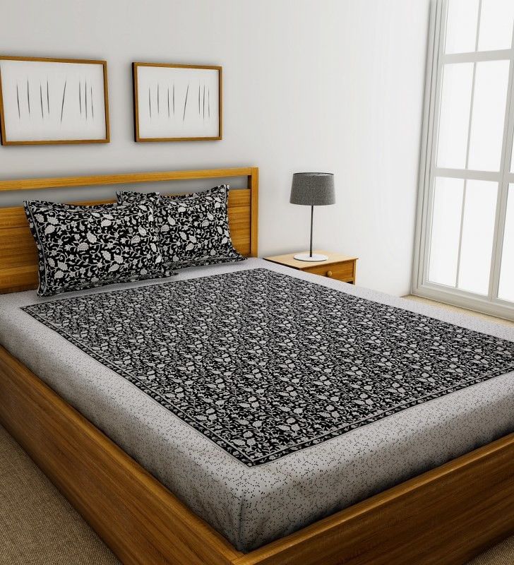 Grah Sajja 200 TC Cotton King Printed Flat Bedsheet  (Pack of 1, Black)