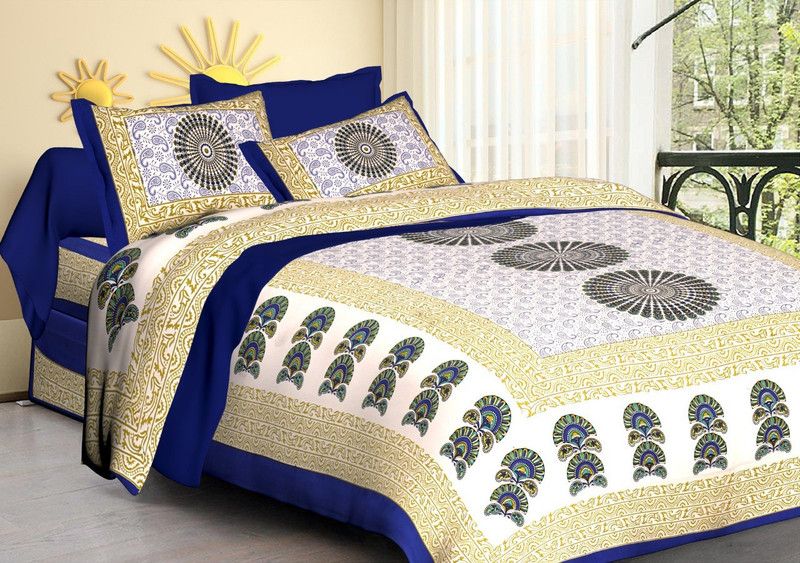 PVB 144 TC Cotton Double Printed Flat Bedsheet  (Pack of 1, Blue)