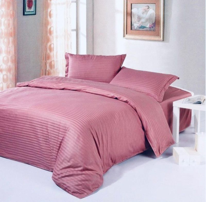 Dnk 182 TC Satin Double Striped Flat Bedsheet  (Pack of 1, Pink)