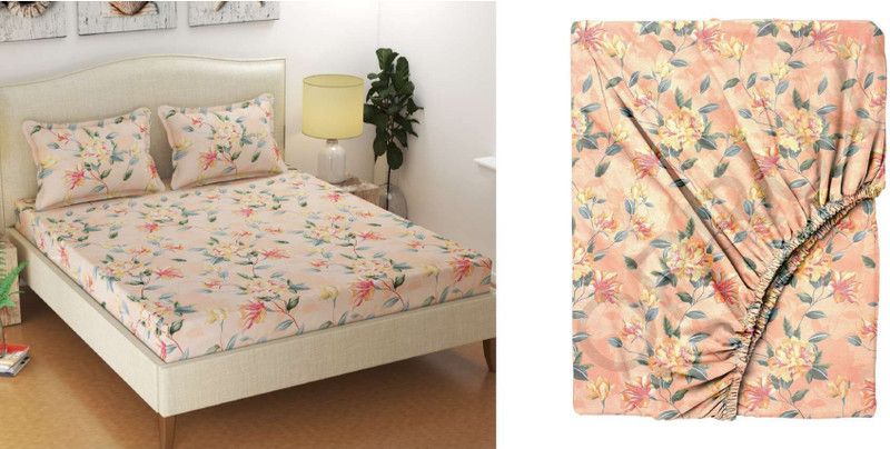 Divpriy 350 TC Cotton King Printed Fitted (Elastic) Bedsheet  (Pack of 1, Light Rose Pink)