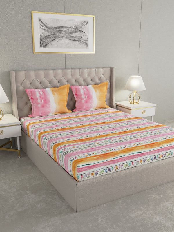 GMF 144 TC Cotton Double Abstract Flat Bedsheet  (Pack of 1, Orange & Pink)