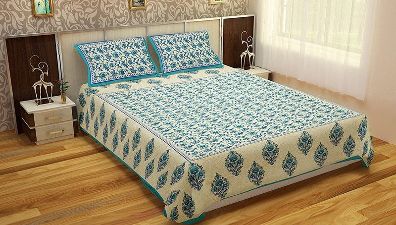 binaula 200 TC Cotton Double Floral Flat Bedsheet  (Pack of 1, Light Blue, White, Blue)