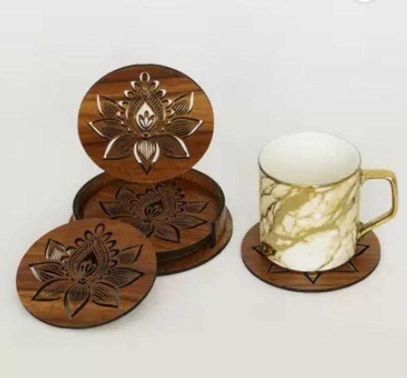Zuper Round Reversible Wood Coaster Set  (Pack of 6)