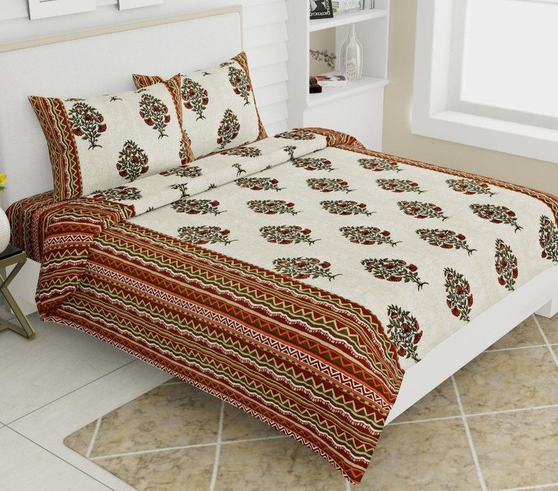 METRO LIVING 140 TC Cotton Double Jaipuri Prints Flat Bedsheet  (Pack of 1, Orange)