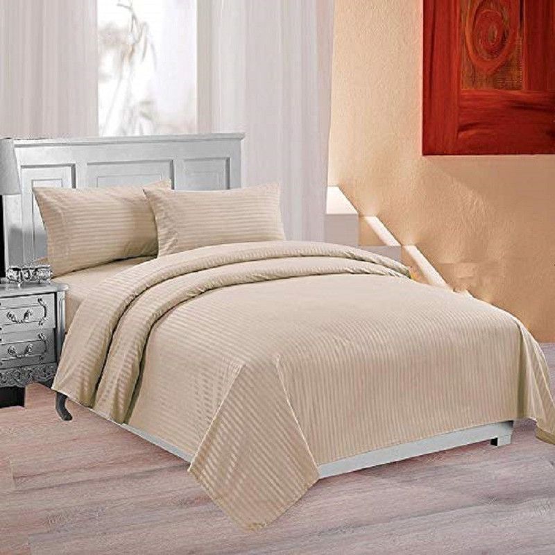 jaypore 210 TC Cotton Double Striped Flat Bedsheet  (Pack of 1, Beige)