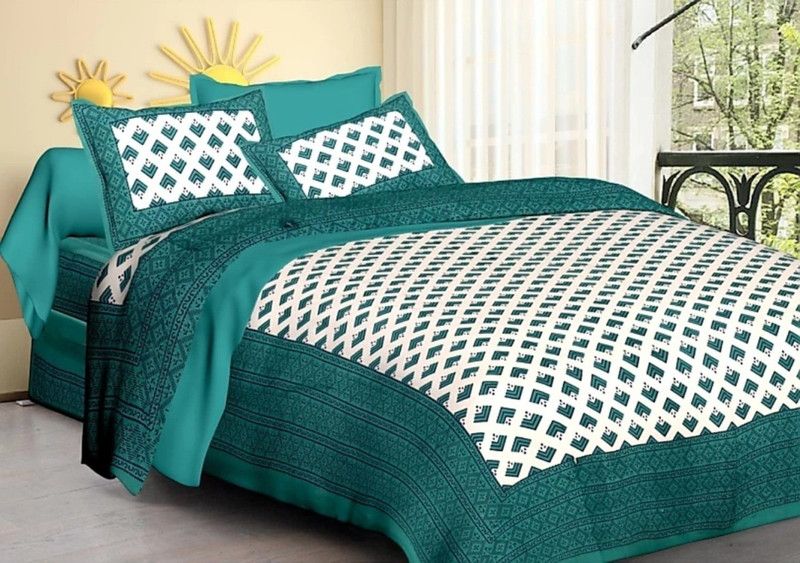 Abhiafs 140 TC Cotton Double Jaipuri Prints Flat Bedsheet  (Pack of 1, Green)