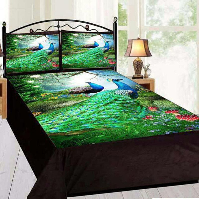Hanubala Trends 260 TC Cotton Double 3D Printed Flat Bedsheet  (Pack of 1, Green)