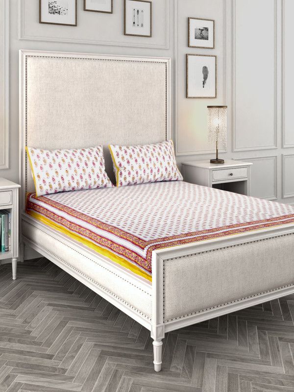Rajasthan Decor 144 TC Cotton Double Printed Fitted & Flat Bedsheet  (Pack of 1, White)