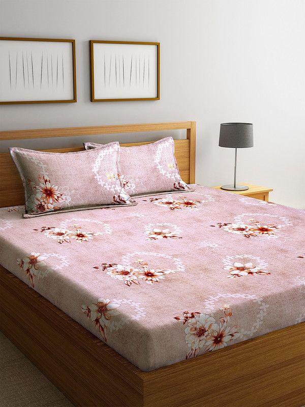 Home Sizzler 144 TC Cotton King Floral Flat Bedsheet  (Pack of 1, Peach)