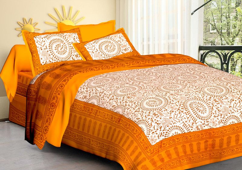 Poorak 104 TC Cotton Double Jaipuri Prints Flat Bedsheet  (Pack of 1, Orange)