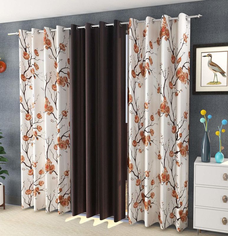 TWIZOR 273 cm (9 ft) Polyester Room Darkening Long Door Curtain (Pack Of 3)  (Floral, Brown)