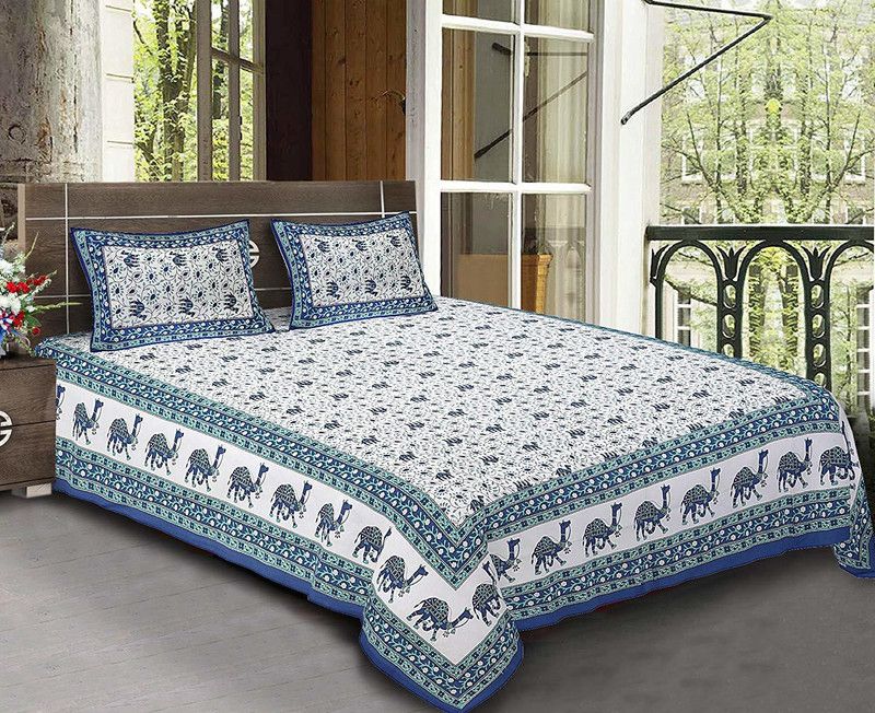 FrionKandy Living 220 TC Cotton King Animal Flat Bedsheet  (Pack of 1, Blue)