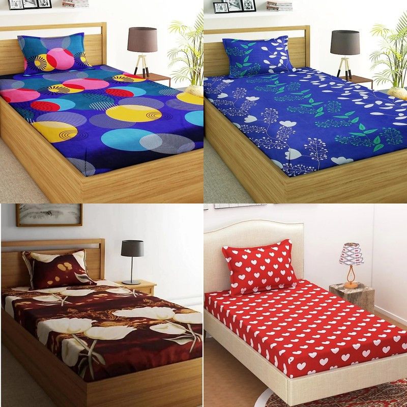 LEXICA 160 TC Microfiber Single 3D Printed Flat Bedsheet  (Pack of 4, Multicolor)