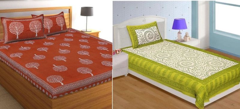 ZGX 300 TC Cotton Double, Single Jaipuri Prints Flat Bedsheet  (Pack of 2, Orange, Green)