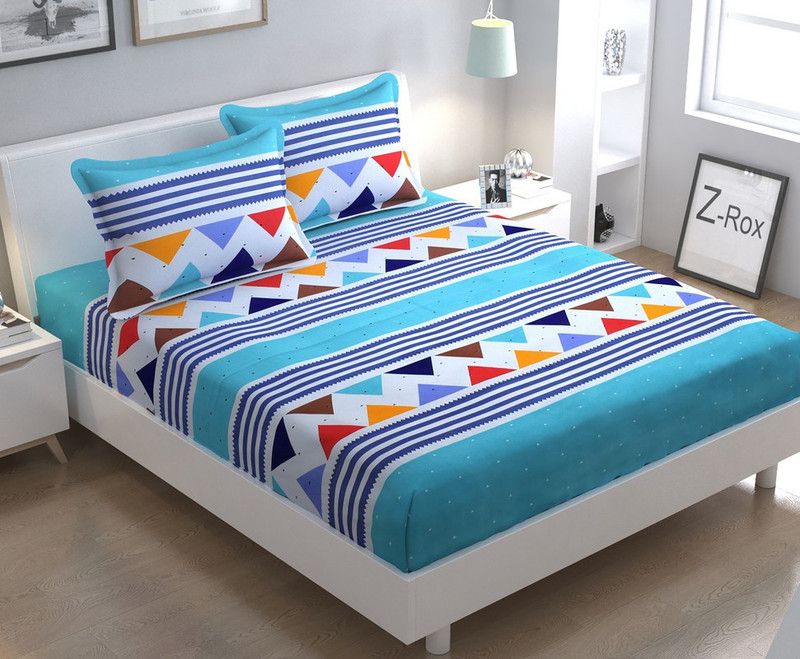 Sharma Furnishing 140 TC Cotton Double Printed Flat Bedsheet  (Pack of 1, Sky Blue)