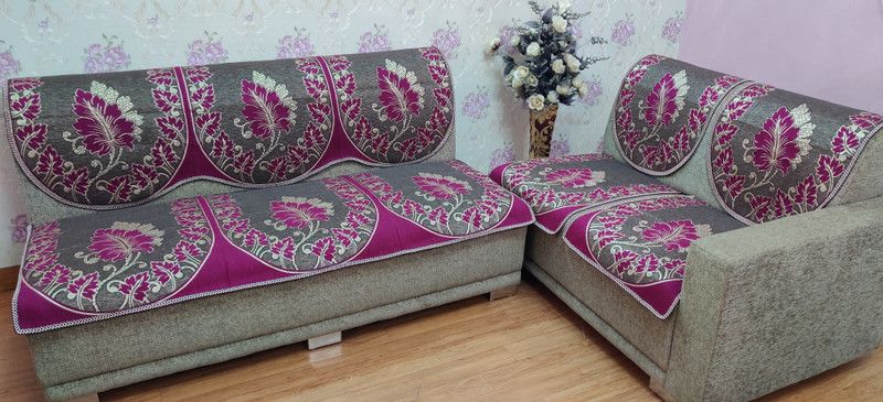 MHF Jacquard Floral Sofa Cover  (Grey, Pink Pack of 6)