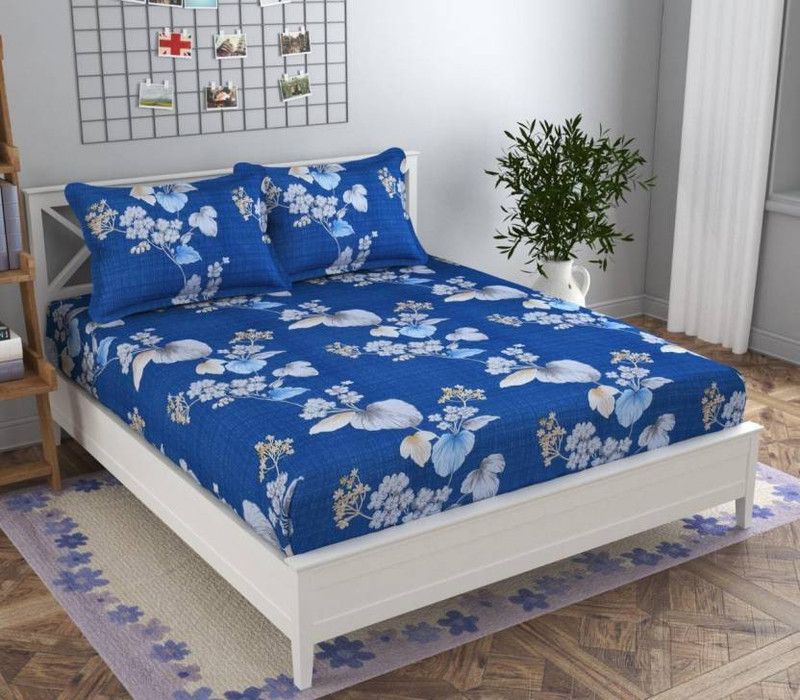 Savoy concepts 160 TC Polycotton Double Floral Fitted (Elastic) Bedsheet  (Pack of 1, White)