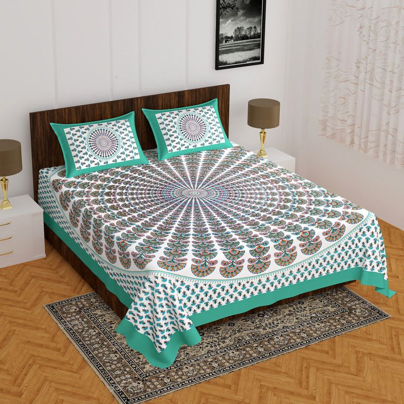 Prizeless 256 TC Cotton Double Jaipuri Prints Flat Bedsheet  (Pack of 1, Greenfax)