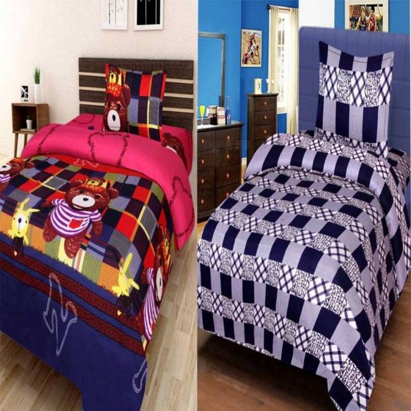 Shikari Trend 180 TC Polycotton Single 3D Printed Flat Bedsheet  (Pack of 2, Multicolor)