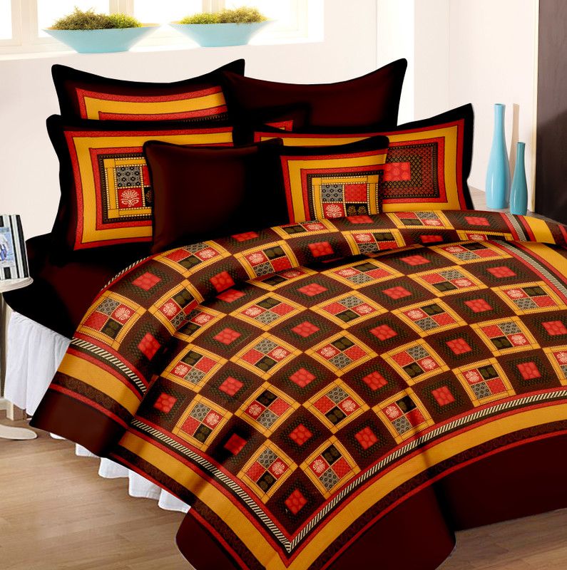Lali Prints 185 TC Cotton King Checkered Flat Bedsheet  (Pack of 1, Brown)
