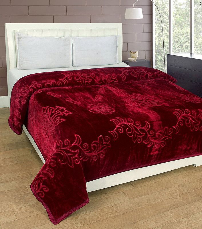 home creation Self Design Double Mink Blanket for Heavy Winter  (Microfiber, Maroon)